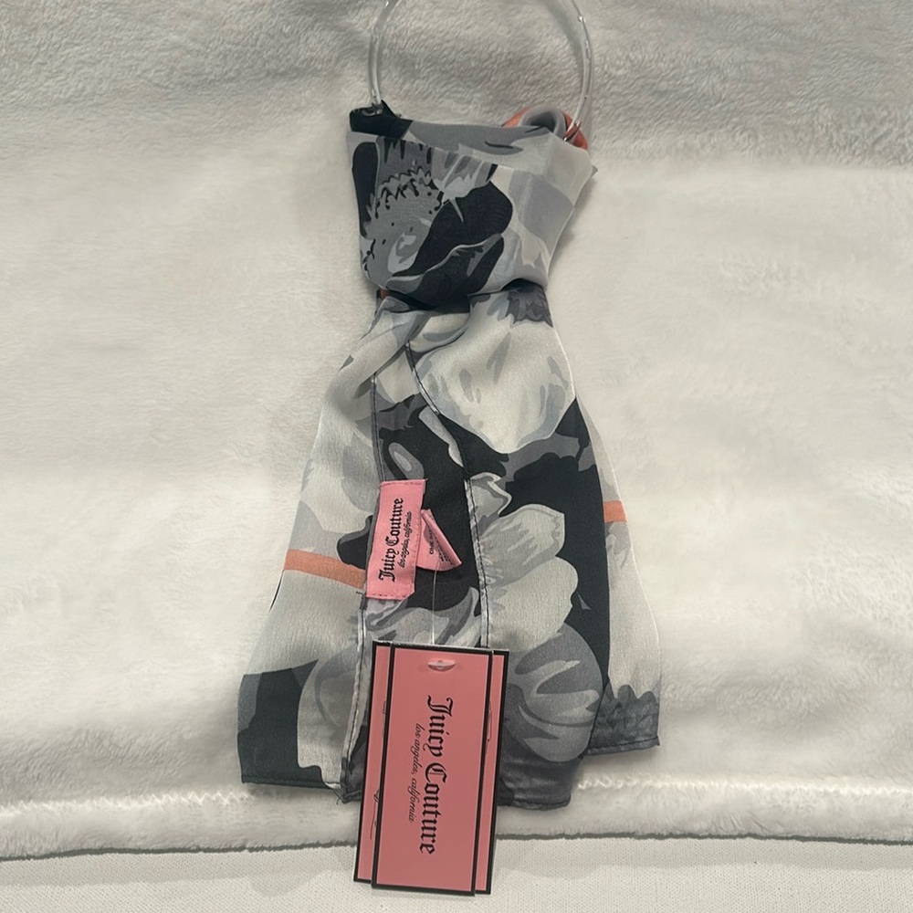 NWT Juicy Couture Black, Gray and Pink Square Floral Scarf 2’ 11”.100% polyester